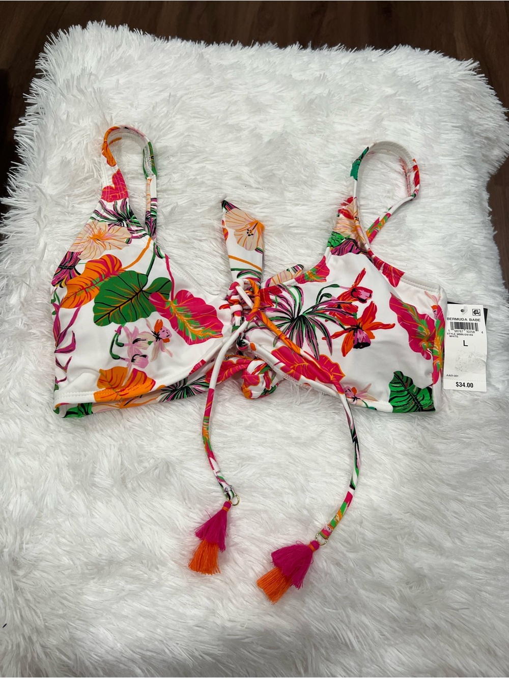 Tropical Floral Lace-Up Bikini Top - White Base
